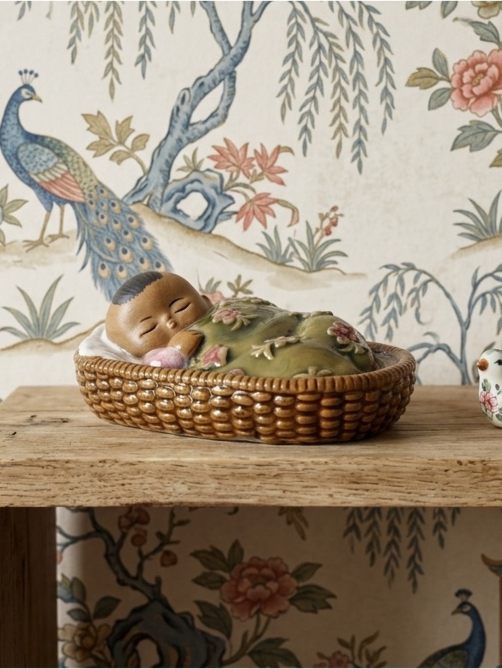 VTG Chinese Majolica Pottery Mudman Figurine Baby Sleeping Stamped Chinoiserie